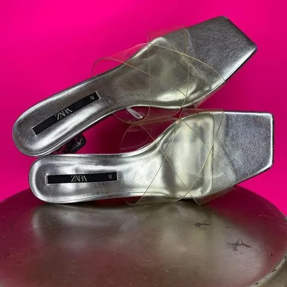 Zara Silver, Clear Crisscross Slip On Lucite Block Heel Sandal US 9 - Picture 6 of 7